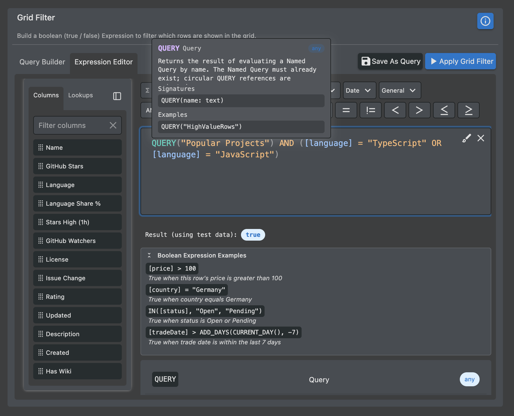 Expression Editor displaying an Expression with context sensitive help, colour coding and examples