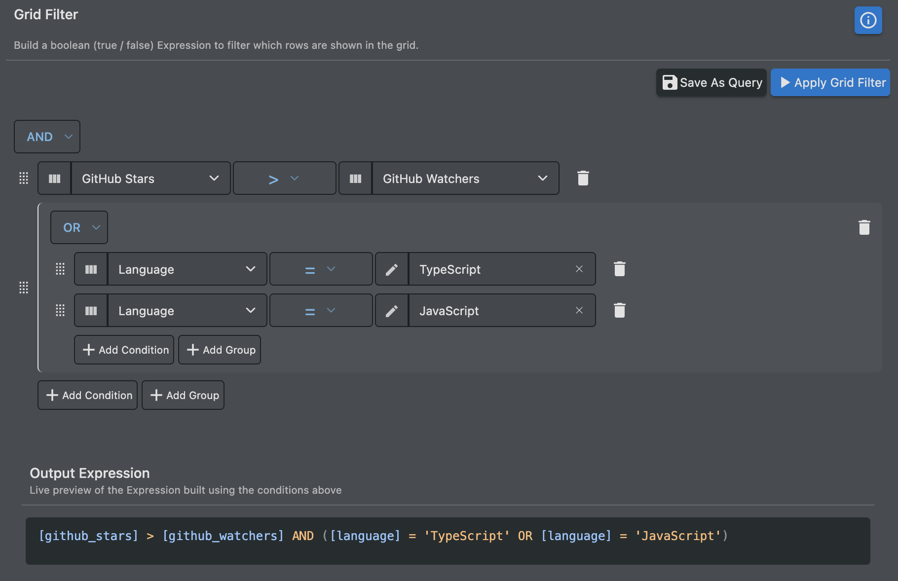 Query Builder displaying an Expression with a column-comparison and an OR clause