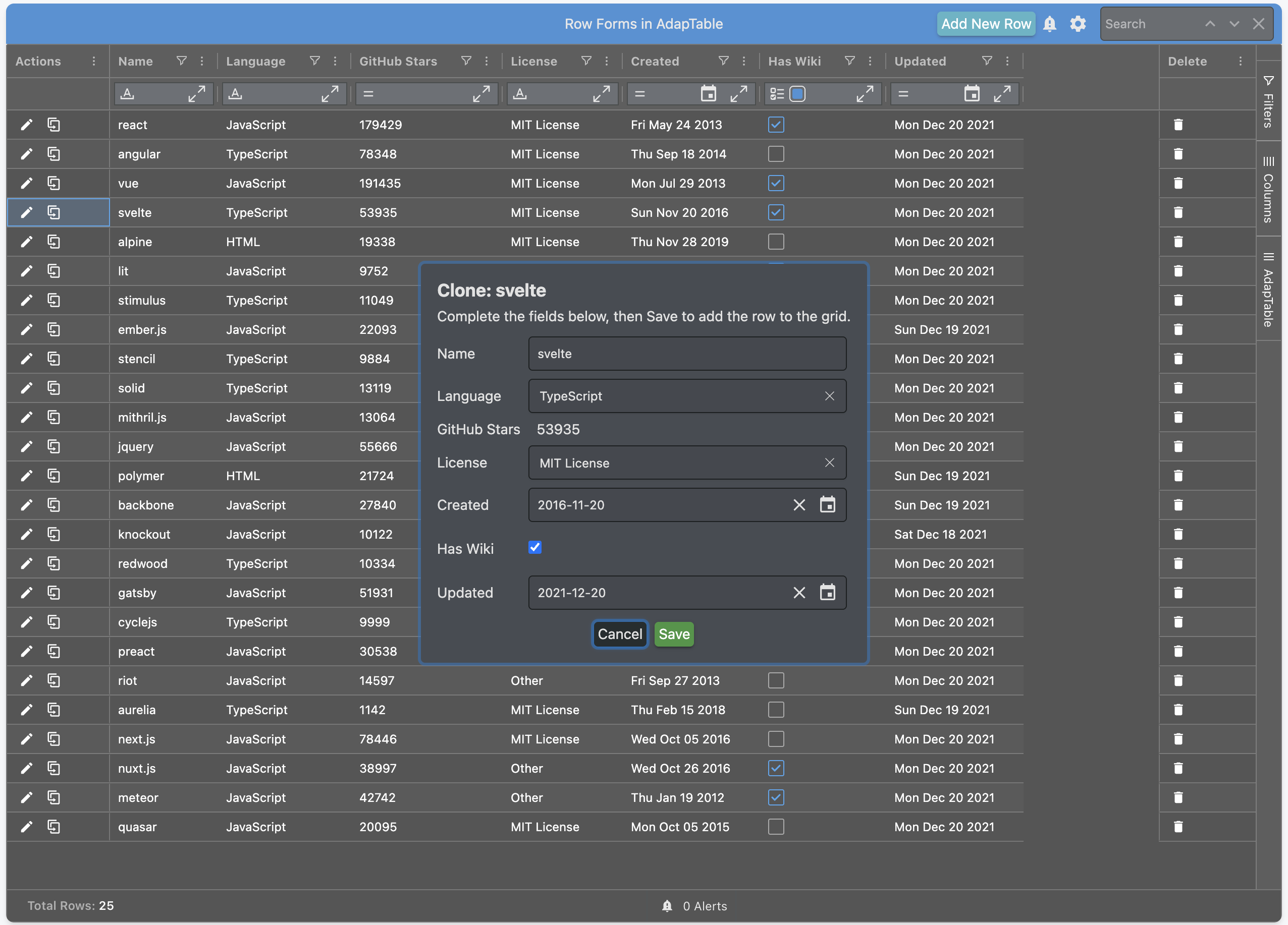 Cloning a Row Form opens a form with data from current row
